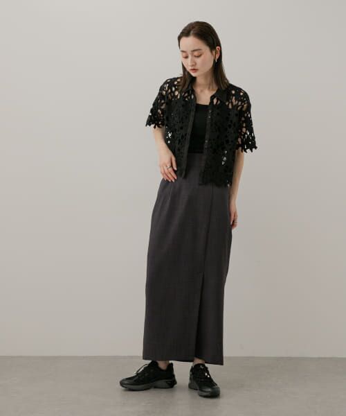 タイトスカート 34 ネイビー 前後スリット リネン '25年商品 千鳥チェックリネンのレディなスカート【タイト・ネイビー×生成