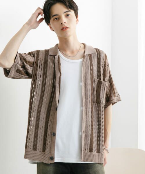 セール】 ストライプショートスリーブニットシャツ （ニット・セーター