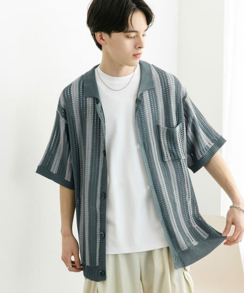 セール】 ストライプショートスリーブニットシャツ （ニット・セーター