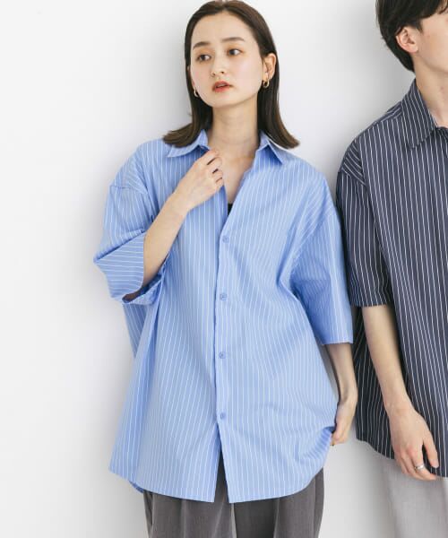 ＊＊SENSE OF PLACE by URBAN RESEARCH / センスオブプレイス バイ アーバンリサーチ シャツ・ブラウス | 『ユニセックス』ストライプレギュラーカラールーズショートスリーブシャツ（BLUE）