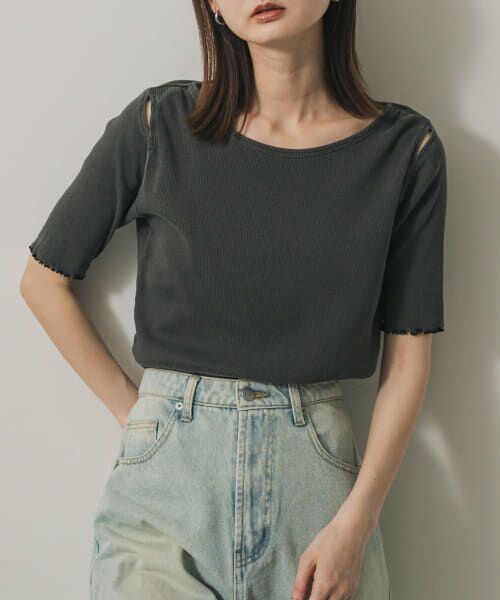 ＊＊SENSE OF PLACE by URBAN RESEARCH / センスオブプレイス バイ アーバンリサーチ Tシャツ | カットアウトピグメントトップ(5分袖)（CHARCOAL）