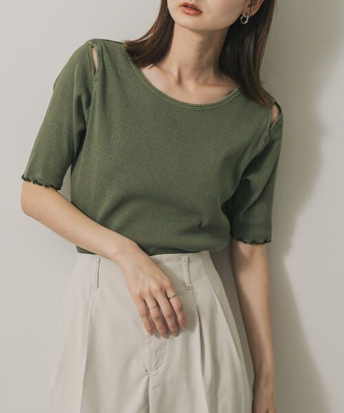 ＊＊SENSE OF PLACE by URBAN RESEARCH / センスオブプレイス バイ アーバンリサーチ Tシャツ | カットアウトピグメントトップ(5分袖)（KHAKI）