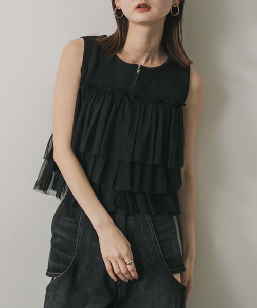 ＊＊SENSE OF PLACE by URBAN RESEARCH / センスオブプレイス バイ アーバンリサーチ ニット・セーター | ダブルジップフリルニットトップ（BLACK）