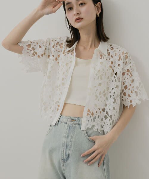 ＊＊SENSE OF PLACE by URBAN RESEARCH / センスオブプレイス バイ アーバンリサーチ シャツ・ブラウス | レースクロップドシャツ(半袖)（OFF WHITE）