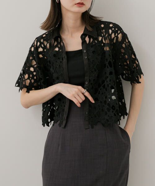 ＊＊SENSE OF PLACE by URBAN RESEARCH / センスオブプレイス バイ アーバンリサーチ シャツ・ブラウス | レースクロップドシャツ(半袖)（BLACK）