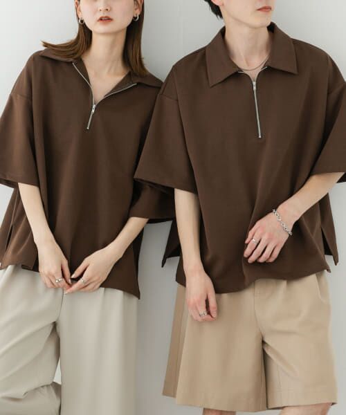 ユニセックス』ダンボールポンチハーフジップショートスリーブTシャツ