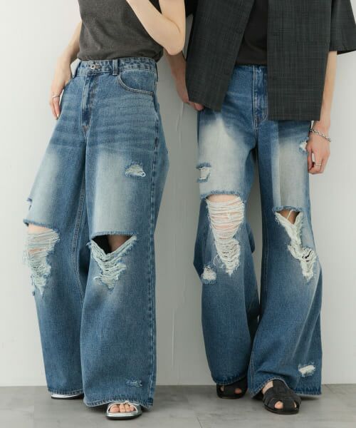 セール】 『ユニセックス』ダメージデニムワイドパンツ （デニムパンツ