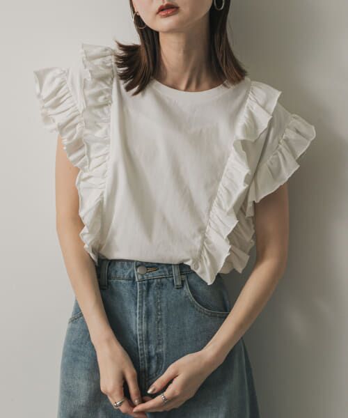 ＊＊SENSE OF PLACE by URBAN RESEARCH / センスオブプレイス バイ アーバンリサーチ Tシャツ | ギャザーフリルトップ（OFF WHITE）