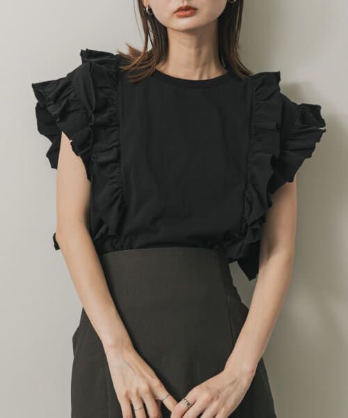 ＊＊SENSE OF PLACE by URBAN RESEARCH / センスオブプレイス バイ アーバンリサーチ Tシャツ | ギャザーフリルトップ（BLACK）