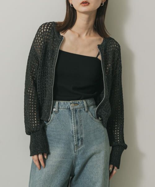 Curensology ブラック　メッシュカーディガン CLEL カーディガン 「CLEL」Openwork Loose Mesh Crew Neck