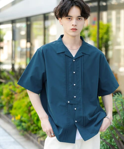 ★土日値下★ ENFOLD WIDE-SLEEVES SHIRT シャツ　ブルー THE CASUAL｜ワイドスリーブ クロップド 半袖オーバーシャツ