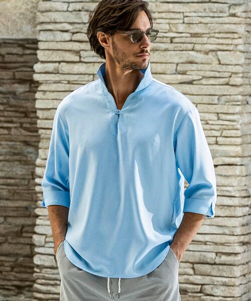 SHIFFON/シフォン スキッパープルオーバーシャツ サックス XL SHIFFON/シフォン スキッパープルオーバーシャツ サックス XL