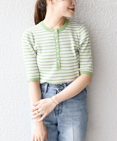 SHIPS / シップス ニット・セーター | コットンシルク ヘンリーネックリブトップス(グリーン)