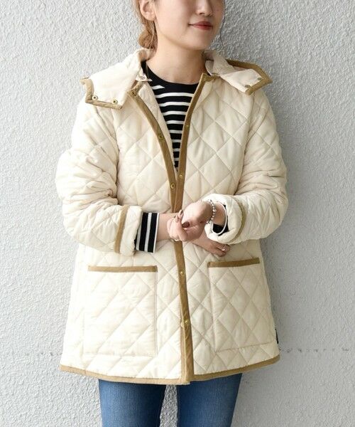 ノーカラージャケット【SHIPS any別注】Traditional Weatherwear: ARKLEY フード ノーカラー ミディ キルティング コート ノーカラージャケット