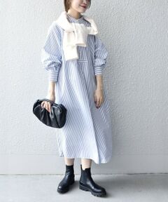 〈手洗い可能〉ストライプパールモチーフボタンロングスリーブワンピース white◇