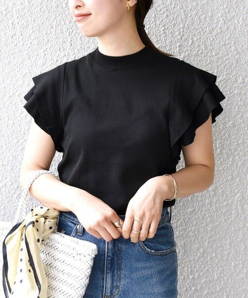 SHIPS / シップス ニット・セーター | *〈UVカット/接触冷感/手洗い可能〉フリルショートスリーブニットプルオーバー◇（ブラック）