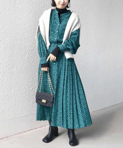 SHIPS / シップス ロング・マキシ丈ワンピース | 〈手洗い可能〉ドット / 花柄 バンドカラー サイド プリーツ ワンピース | 詳細30