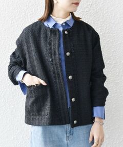 SHIPS any:ノーカラー ツイード ジャケット［NAVY BLUE］