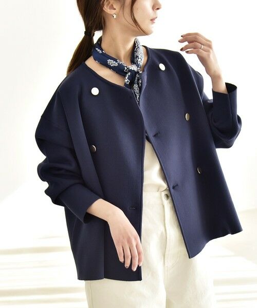 SHIPS / シップス カーディガン・ボレロ | 《一部追加予約》quaranciel:〈手洗い可能〉ニット ノーカラー ダブルジャケット カーディガン（ネイビー）
