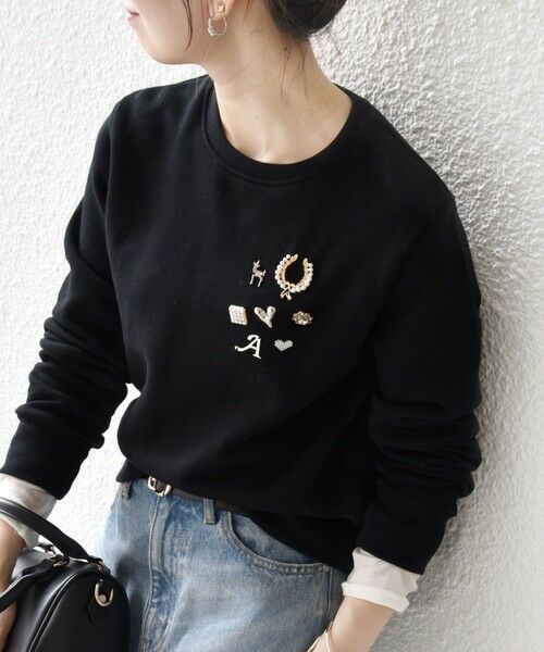 SHIPS / シップス スウェット | 《追加予約》SHIPS any:〈手洗い可能〉裏起毛 ビジュー クルーネック コンパクト プルオーバー(ブラック)