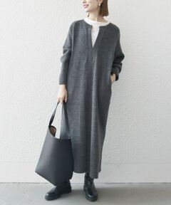 SHIPS any:〈手洗い可能〉起毛 ワッフル キーネック ロング ワンピース