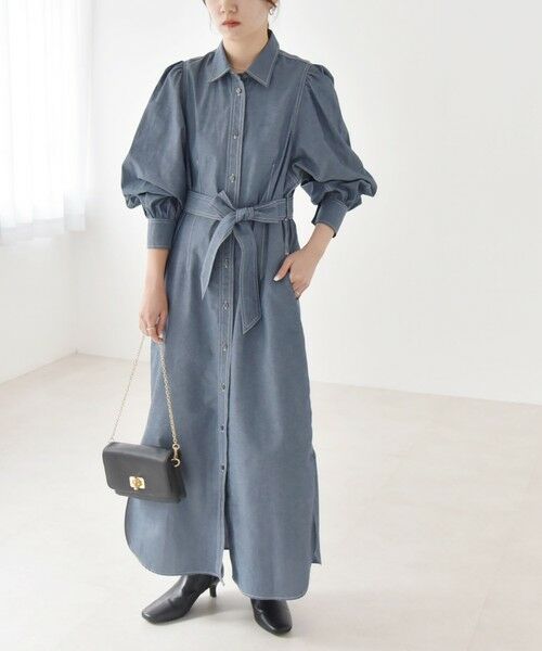 quaranciel:〈洗濯機可能〉シャンブレー パフ ロング シャツ