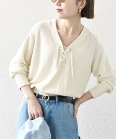 SHIPS / シップス ニット・セーター | SHIPS any: シルク コットン レースアップ ニット プルオーバー