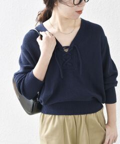 SHIPS / シップス ニット・セーター | SHIPS any: シルク コットン レースアップ ニット プルオーバー