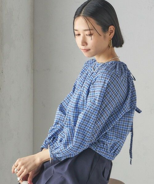 【シップス　ウィメン】〈手洗い可能〉DEVEAUX サッカー チェック リボン ブラウス セール】 〈手洗い可能〉DEVEAUX サッカー チェック リボン