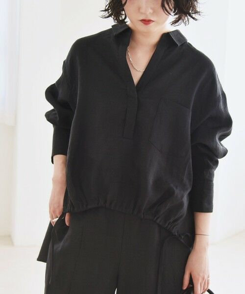 SHIPS for women/シップスウィメン quaranciel:〈洗濯機可能〉ラミー ギャザー スキッパー プルオーバー シャツ ブラック ONE SIZE SHIPS for women/シップスウィメン quaranciel:〈洗濯機可能〉ラミー ギャザー スキッパー プルオーバー シャツ ブラック ONE SIZE