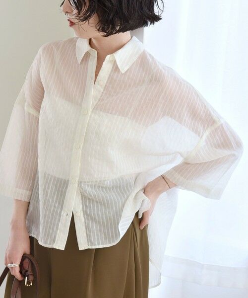 SHIPS for women/シップスウィメン quaranciel:〈手洗い可能〉シアー ストライプ ボーダー ビッグ シャツ ホワイト ONE SIZE SHIPS for women/シップスウィメン quaranciel:〈手洗い可能〉シアー ストライプ ボーダー ビッグ シャツ ホワイト ONE SIZE