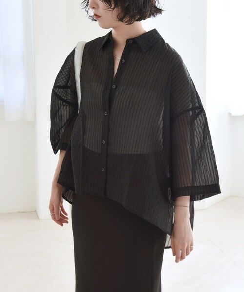 SHIPS for women/シップスウィメン quaranciel:〈手洗い可能〉シアー ストライプ ボーダー ビッグ シャツ ブラック ONE SIZE SHIPS for women/シップスウィメン quaranciel:〈手洗い可能〉シアー ストライプ ボーダー ビッグ シャツ ブラック ONE SIZE