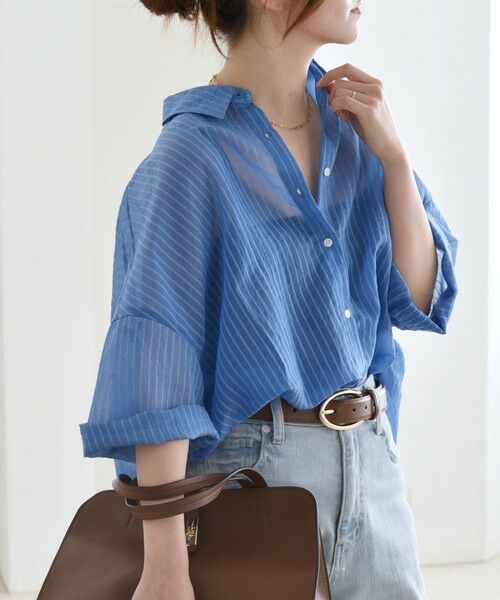 SHIPS for women/シップスウィメン quaranciel:〈手洗い可能〉シアー ストライプ ボーダー ビッグ シャツ ブルー ONE SIZE SHIPS for women/シップスウィメン quaranciel:〈手洗い可能〉シアー ストライプ ボーダー ビッグ シャツ ブルー ONE SIZE