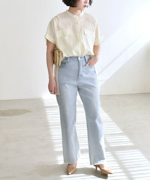 SHIPS for women / シップスウィメン quaranciel:〈手洗い可能〉バンドカラー ハーフスリーブ ポケット ワーク シャツ SHIPS｜quaranciel:<手洗い可能>バンドカラー ハーフスリーブ