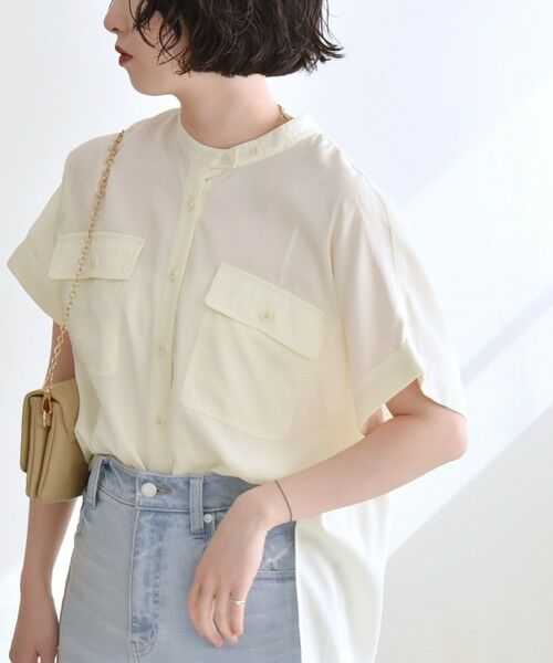 SHIPS for women / シップスウィメン quaranciel:〈手洗い可能〉バンドカラー ハーフスリーブ ポケット ワーク シャツ セール】 *〈手洗い可能〉チューリップスリーブブラウス