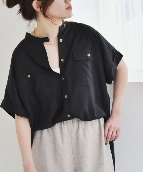 SHIPS for women/シップスウィメン quaranciel:〈手洗い可能〉ドレッシー ワーク ショートスリーブ ポケット シャツ ブラック ONE SIZE SHIPS for women/シップスウィメン quaranciel:〈手洗い可能〉ドレッシー ワーク ショートスリーブ ポケット シャツ ブラック ONE SIZE