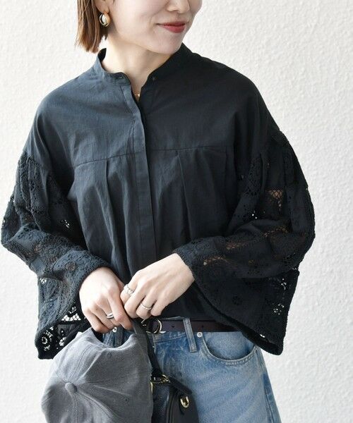 SHIPS for women/シップスウィメン SHIPS any:〈手洗い可能〉パッチワーク レース スリーブ バンドカラー シャツ ブラック ONE SIZE SHIPS for women/シップスウィメン SHIPS any:〈手洗い可能〉パッチワーク レース スリーブ バンドカラー シャツ ブラック ONE SIZE