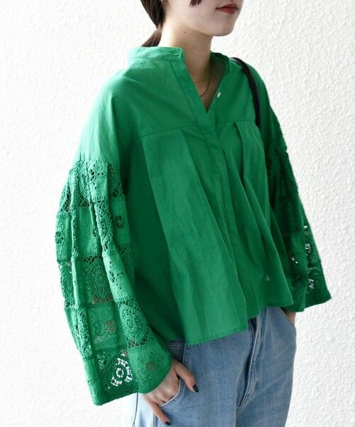 SHIPS for women/シップスウィメン SHIPS any:〈手洗い可能〉パッチワーク レース スリーブ バンドカラー シャツ グリーン ONE SIZE SHIPS for women/シップスウィメン SHIPS any:〈手洗い可能〉パッチワーク レース スリーブ バンドカラー シャツ グリーン ONE SIZE