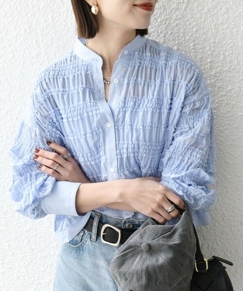 SHIPS / シップス シャツ・ブラウス | SHIPS any:〈洗濯機可能〉シアー シャーリング プチフリル バンドカラー シャツ（ライトブルー）