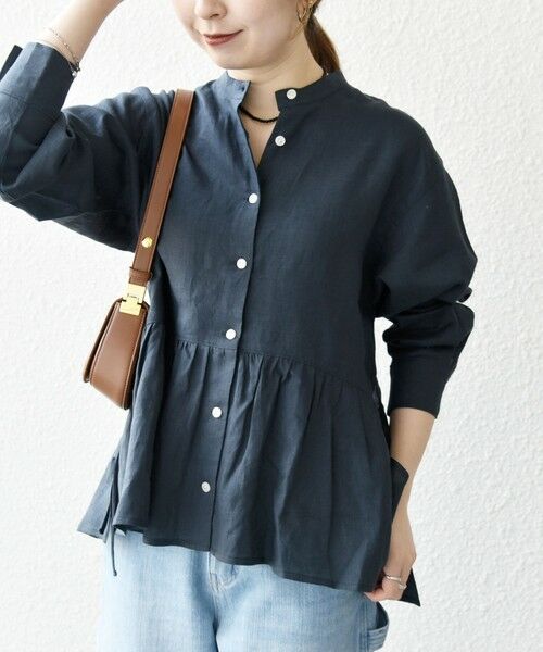 SHIPS for women/シップスウィメン SHIPS any:〈洗濯機可能〉リネン ミックス リボン ペプラム バンドカラー シャツ ネイビー ONE SIZE SHIPS for women/シップスウィメン SHIPS any:〈洗濯機可能〉リネン ミックス リボン ペプラム バンドカラー シャツ ネイビー ONE SIZE