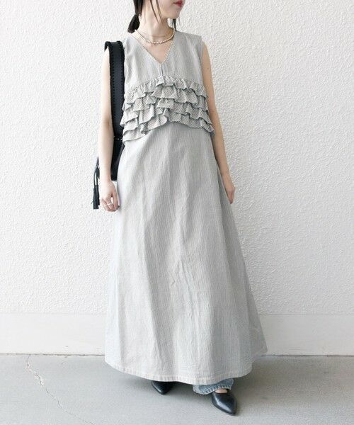 SHIPS / シップス ロング・マキシ丈ワンピース | SHIPS any:〈洗濯機可能〉コードレーン ストライプ フリル Vネック ワンピース | 詳細14