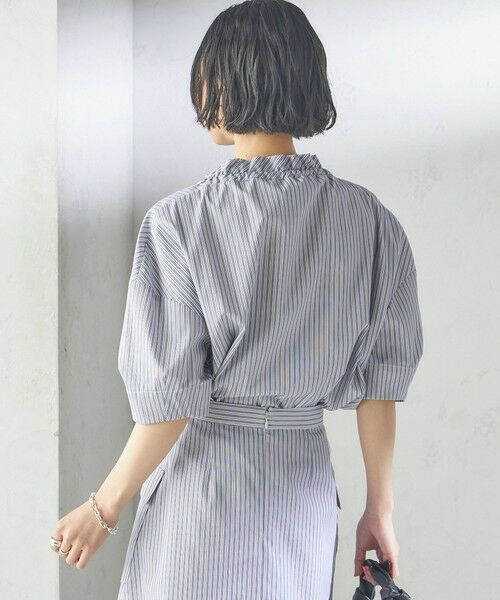 SHIPS for women / シップスウィメン 〈手洗い可能〉ストライプ フリル ネック リボン 半袖 ブラウス セール】〈手洗い可能〉ストライプ フリル ネック リボン 半袖