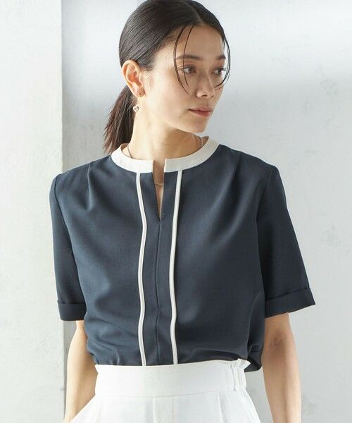 SHIPS for women/シップスウィメン 〈手洗い可能〉パイピング キーネック 半袖 ブラウス ネイビー ONE SIZE SHIPS for women/シップスウィメン 〈手洗い可能〉パイピング キーネック 半袖 ブラウス ネイビー ONE SIZE