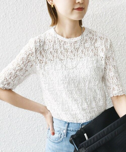 SHIPS / シップス Tシャツ | 〈手洗い可能〉ラッセル レース クルーネック 5分袖 カットソー | 詳細13