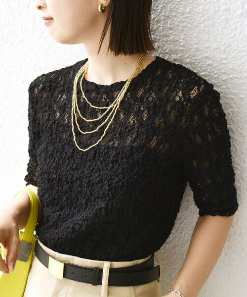 SHIPS for women/シップスウィメン 《予約》〈手洗い可能〉ラッセル レース クルーネック 5分袖 カットソー ブラック ONE SIZE SHIPS for women/シップスウィメン 《予約》〈手洗い可能〉ラッセル レース クルーネック 5分袖 カットソー ブラック ONE SIZE