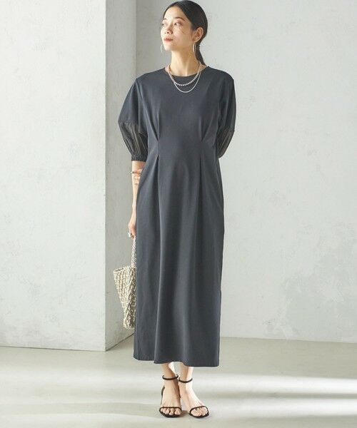 SHIPS / シップス ロング・マキシ丈ワンピース | 〈手洗い可能〉シアー スリーブ 切替 ジャージー ワンピース | 詳細1