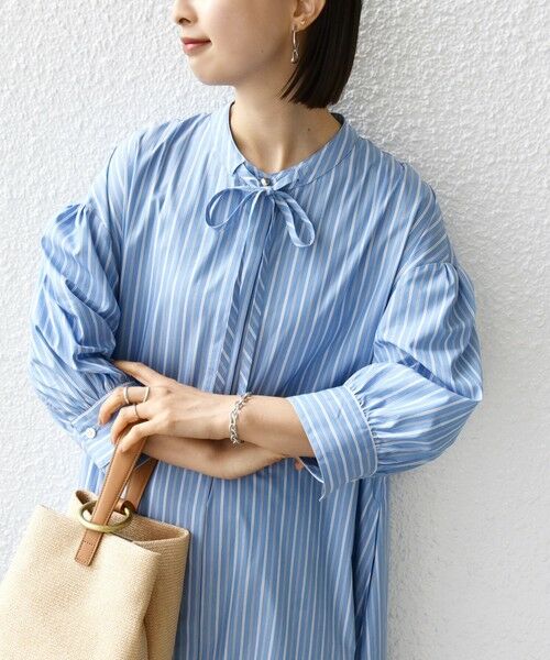 SHIPS / シップス ロング・マキシ丈ワンピース | 〈手洗い可能〉スタンドカラー リボン ストライプ シャツ ワンピース | 詳細13