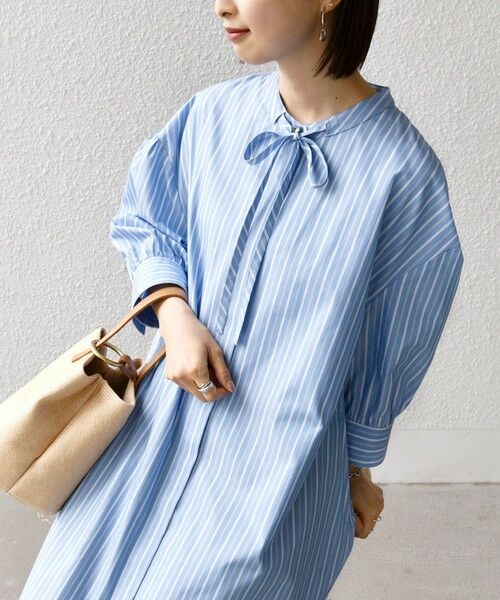 SHIPS / シップス ロング・マキシ丈ワンピース | 〈手洗い可能〉スタンドカラー リボン ストライプ シャツ ワンピース | 詳細14