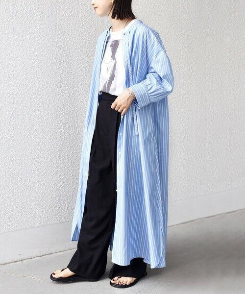 SHIPS / シップス ロング・マキシ丈ワンピース | 〈手洗い可能〉スタンドカラー リボン ストライプ シャツ ワンピース | 詳細3