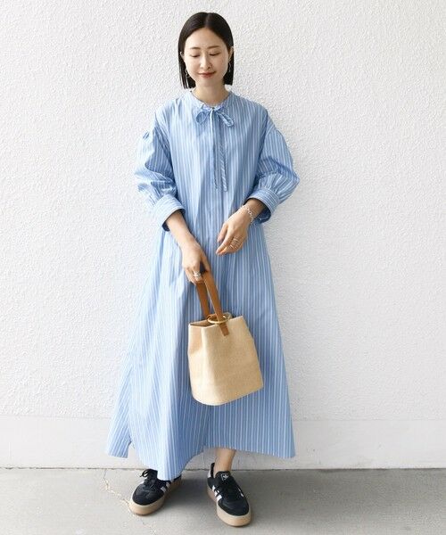 SHIPS / シップス ロング・マキシ丈ワンピース | 〈手洗い可能〉スタンドカラー リボン ストライプ シャツ ワンピース | 詳細7